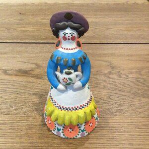 Russian Dymkovo Woman Orange Floral Dress Clay Figurine Folk Art Handmade
